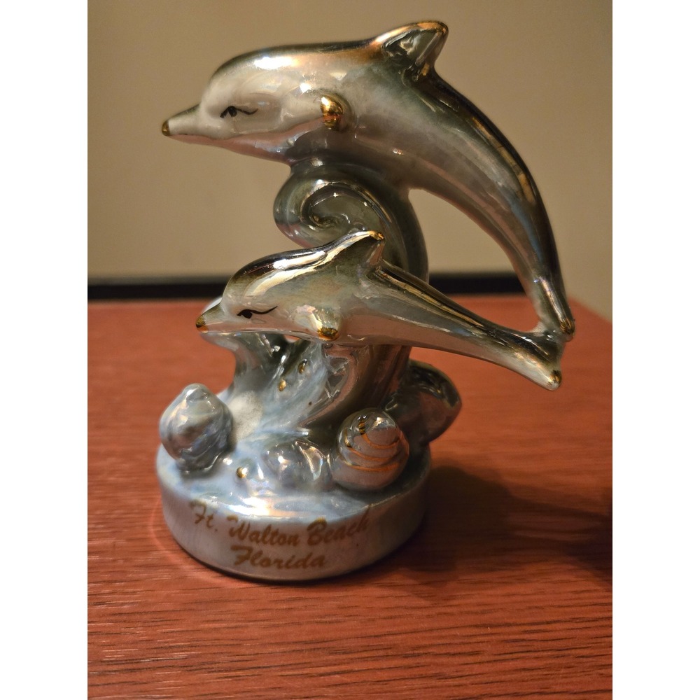 Vintage Ft Walton Beach Florida Dolphin Ceramic Figurine Lusterware Gold Trim